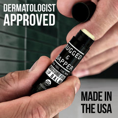 RUGGED & DAPPER lip balm application on lips showing smooth, non-greasy glide.