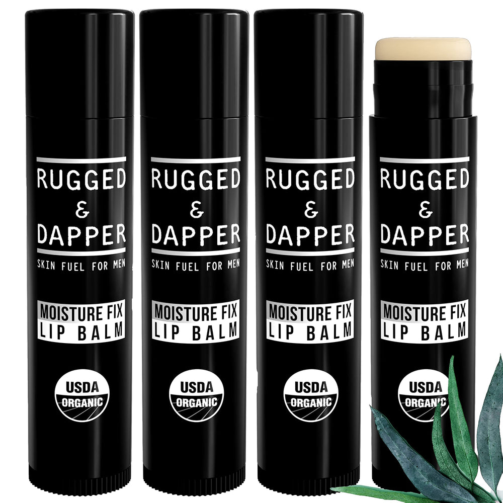 RUGGED & DAPPER lip balm four-pack tubes for on-the-go hydration and protection.