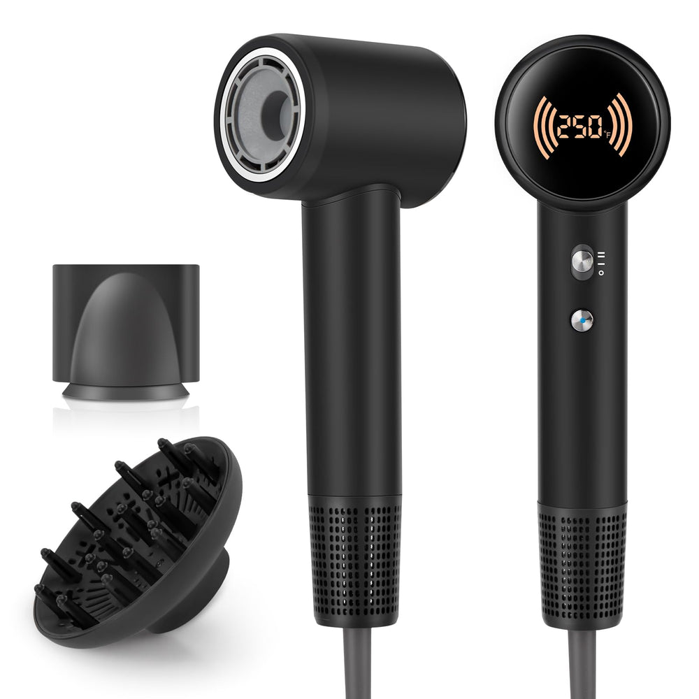 Ruikeeee hair dryer front view in black, compact for fast home or travel drying.