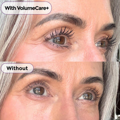 Rumi Cosmetiques VolumeCare+ Mascara wand in use showing long-wearing finish