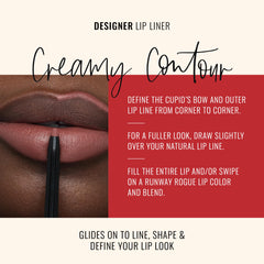 Runway Rogue lip liner dusty rose application shows defined lip shape.