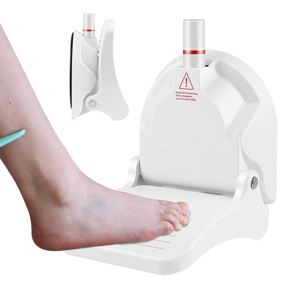 Ruppence shower foot rest folded for compact storage and quick setup.