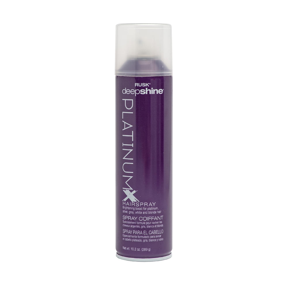 RUSK Deepshine PlatinumX hairspray bottle showing fast-drying finish and shine