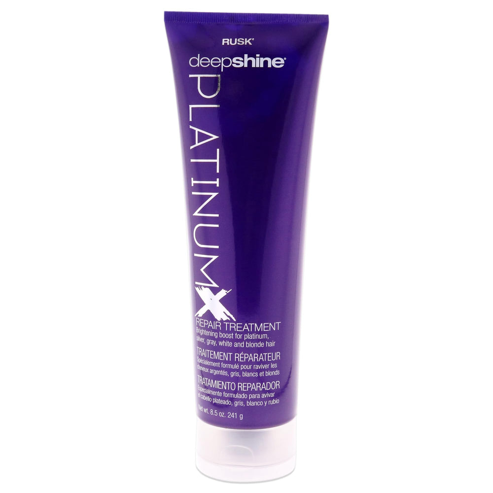 RUSK Deepshine PlatinumX Repair Treatment bottle highlighting the product for damaged hair hydration