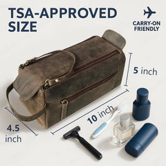 RUSTIC TOWN toiletry bag side handle demonstrates easy packing and quick access