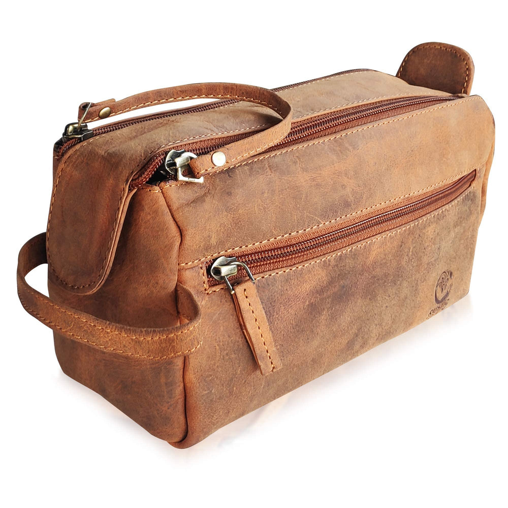 Rustic Town leather toiletry bag open view highlights organized compartments for easy packing