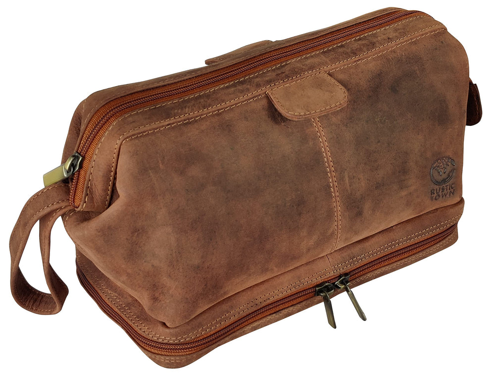 RUSTIC TOWN leather toiletry bag shows the top compartment, ideal for organized shaving essentials.