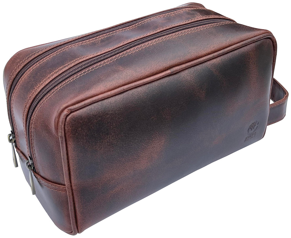 RUSTIC TOWN leather toiletry bag walnut-brown-closed keeps essentials organized for quick carry-on access
