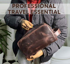 RUSTIC TOWN leather toiletry bag waterproof-lining protects contents from spills while traveling