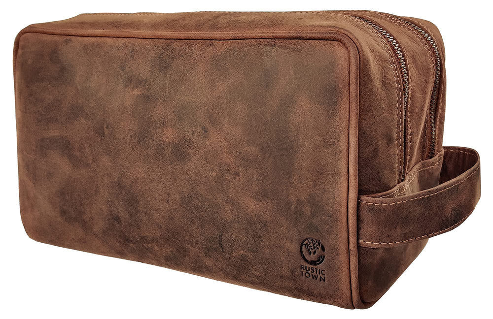 RUSTIC TOWN travel toiletry bag closed shows rugged full-grain leather for timeless travel.