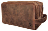 RUSTIC TOWN travel toiletry bag closed shows rugged full-grain leather for timeless travel.