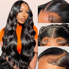 Rylice 13x4 HD lace front wig in 26-inch natural black body wave for versatile styling