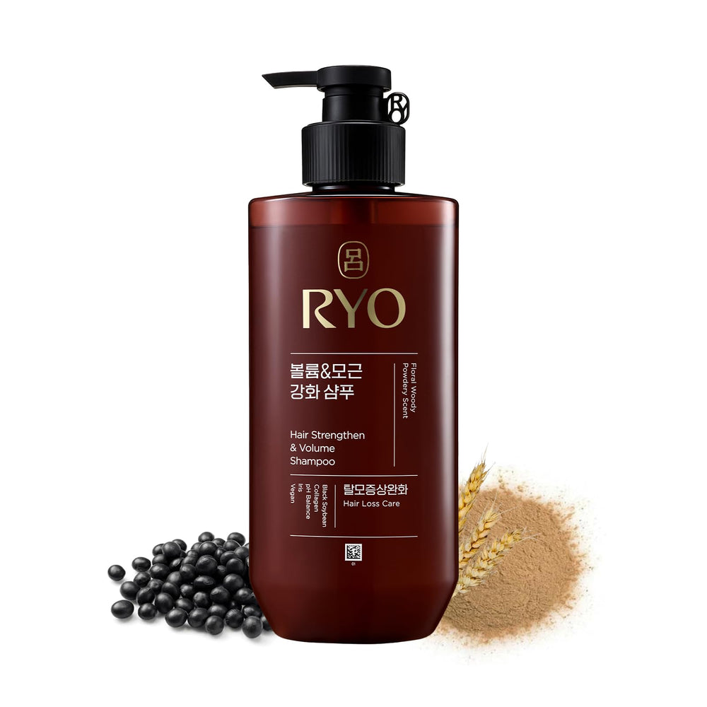 Ryo Strengthen & Volume Shampoo bottle highlighting root-strength and volume.