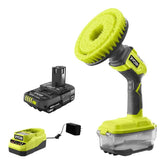 RYOBI ONE+ 18V cordless scrubber in use on tile for grout cleaning