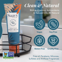 Saavy Naturals ingredients showcase shea butter, jojoba, argan, kukui, and aloe for nourishment.