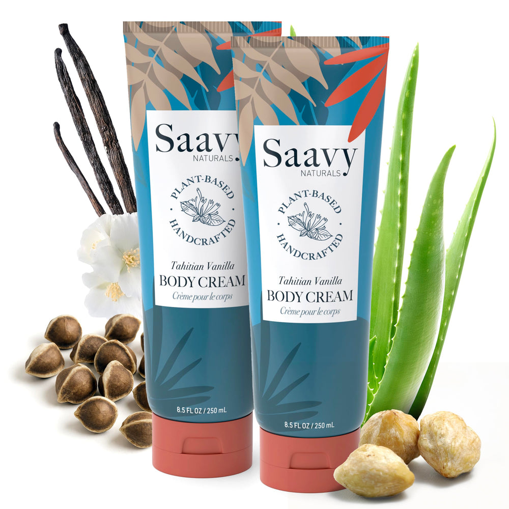 Saavy Naturals Tahitian Vanilla body cream packaging highlights a clean, USA-made vegan formula.