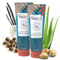 Saavy Naturals Tahitian Vanilla body cream packaging highlights a clean, USA-made vegan formula.
