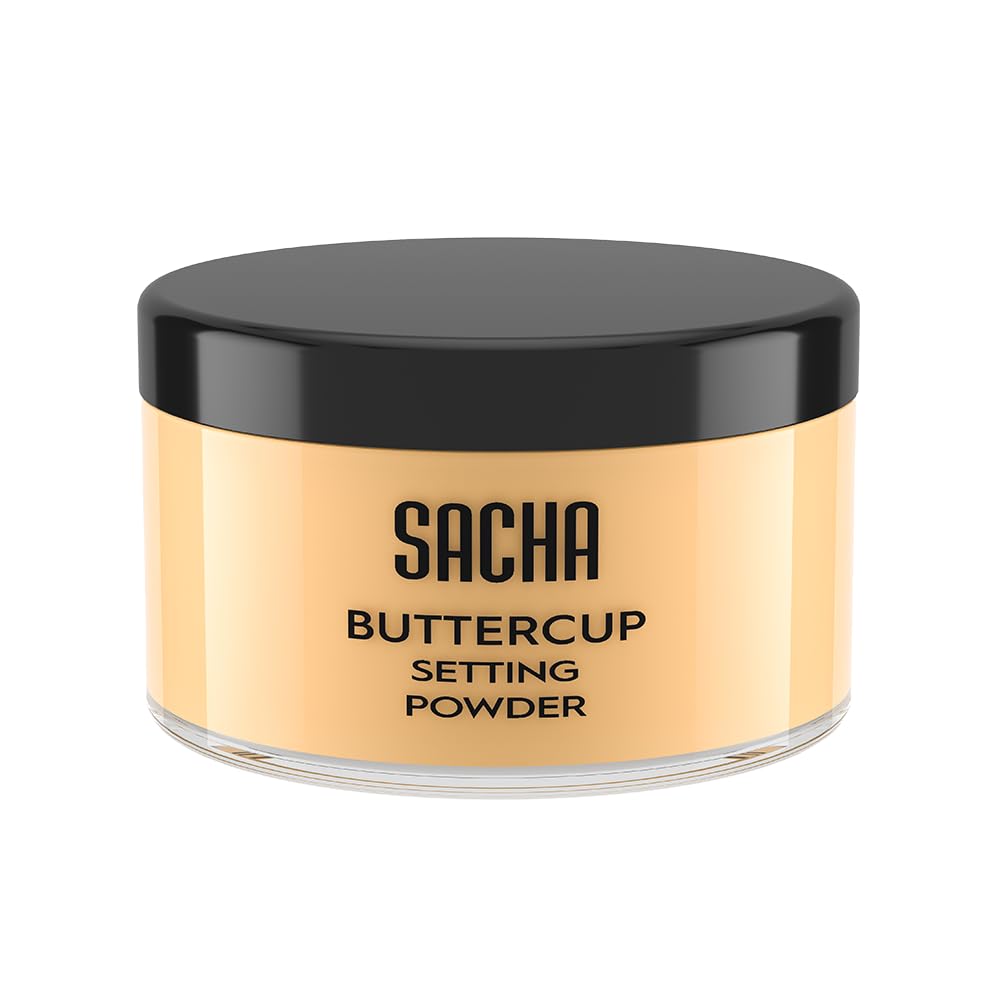 Sacha Buttercup Setting Powder bottle dispenses a light, translucent finish for oil control.