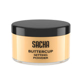 Sacha Buttercup Setting Powder bottle dispenses a light, translucent finish for oil control.