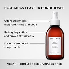 SACHAJUAN leave-in conditioner being sprayed onto towel-dried hair for easy detangling.