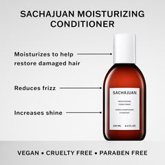 SACHAJUAN Moisturizing Conditioner label close-up highlighting nourishing ingredients for dry hair.