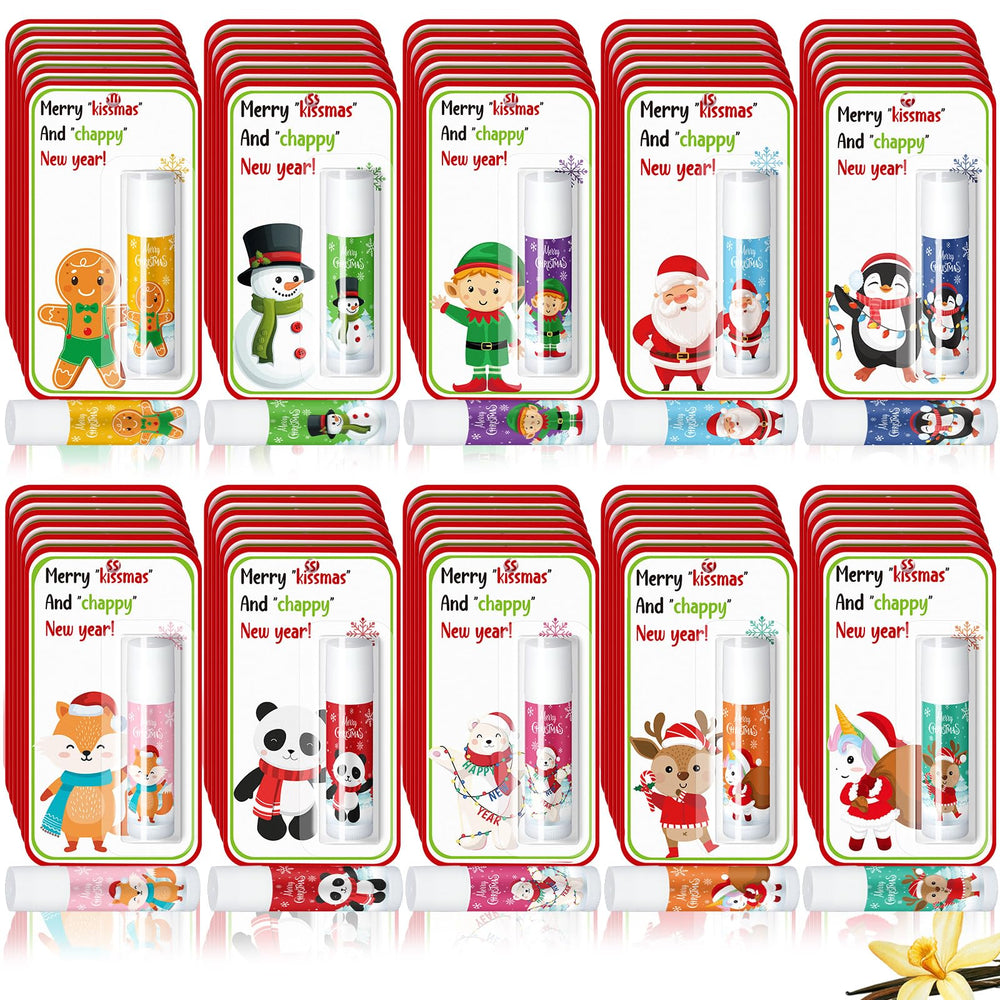 Sacubee Christmas lip balm 80-pack packaging closeup for bulk gifts and party favors.