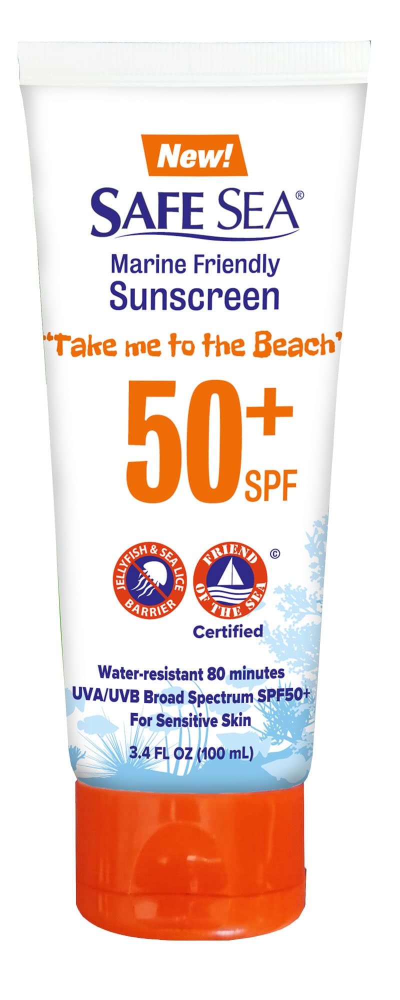 SAFE SEA Jellyfish sting-blocking sunscreen tube protecting skin at the beach.