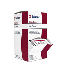 Safetec Lip Balm Pomegranate jar closeup showing moisture-locking formula for soft lips.