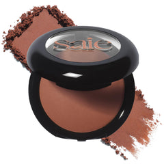 Saie SuperSuede Bari front pan showing warm bronzer shade and clean packaging benefit