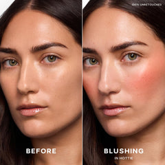 Saie Dew Liquid Blush swatch texture on skin showing blendable, dewy finish