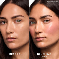 Saie Dew blush blended on cheeks creates seamless lit-from-within glow