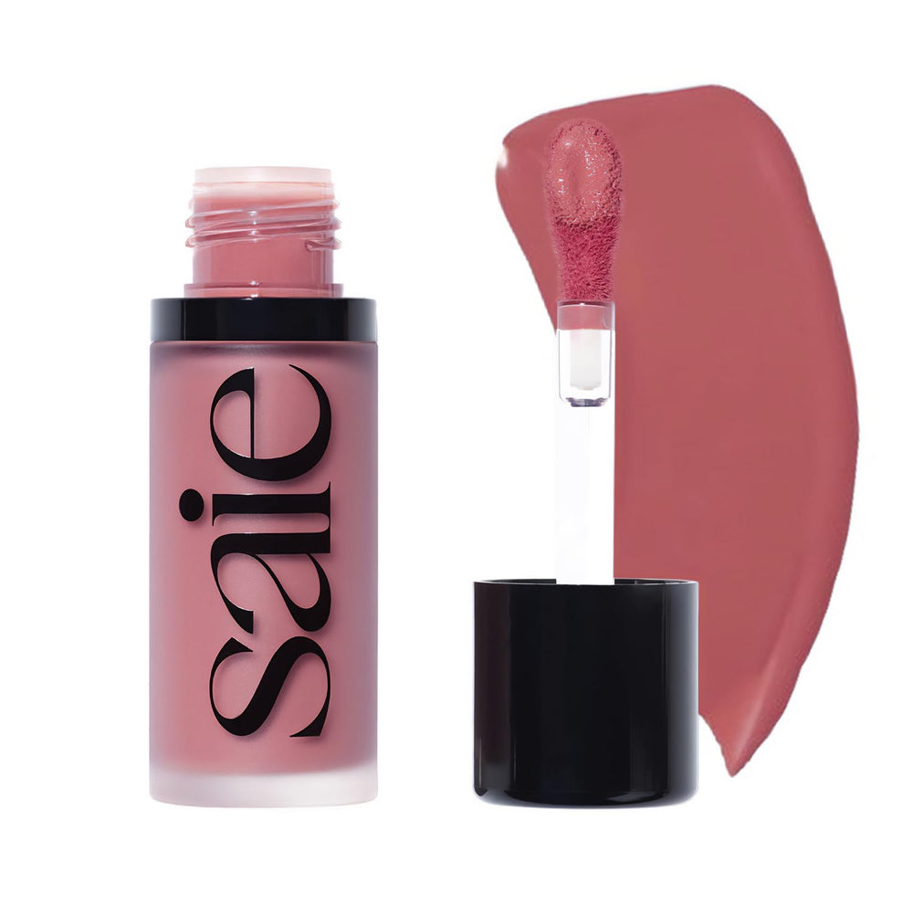Saie Dew Liquid Blush swatch on skin shows natural flush and glow
