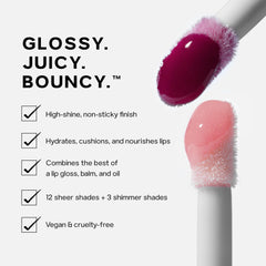 Saie glossybounce lip swatch displayed on model lips showing sheer tint and glossy shine