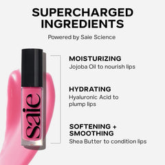 Saie Glossybounce six-shade range flatlay illustrating sheer, buildable tint options