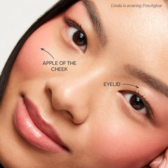 Saie Peachglow applied with Saie Double Brush showing smooth, lifted cheek effect