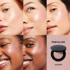 Saie Pinkglow applied on cheek showing lifted radiant finish