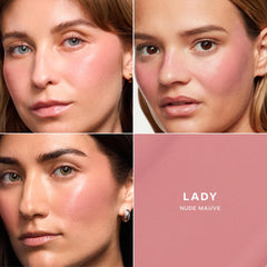Saie products applied on model cheeks demonstrating natural flushed glow benefit