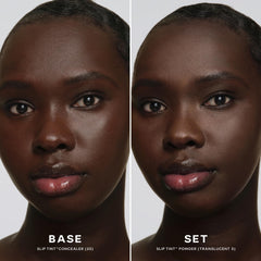 Saie Slip Tint open compact with brush demonstrating easy pick-up and application