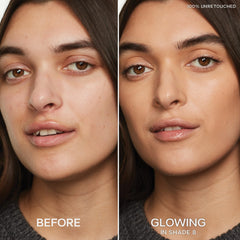Saie Slip Tint dot-and-blend technique shows easy coverage for redness.