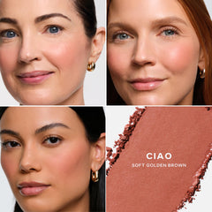 Saie SuperSuede brush applying blush to cheeks to show seamless, buildable color