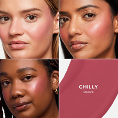 Saie creamy dew texture swatched to show blendable, hydrating finish