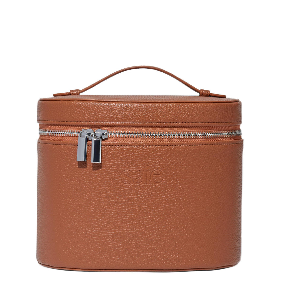 Saie brown vanity case front view with easy-access organization