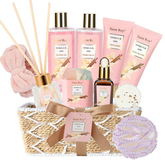 Saint Roy bath gift basket featuring vanilla oat collection for at-home spa