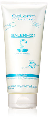 Salerm 21 B5 Silk Protein Leave-In Conditioner bottle pour for quick hydration and detangling.