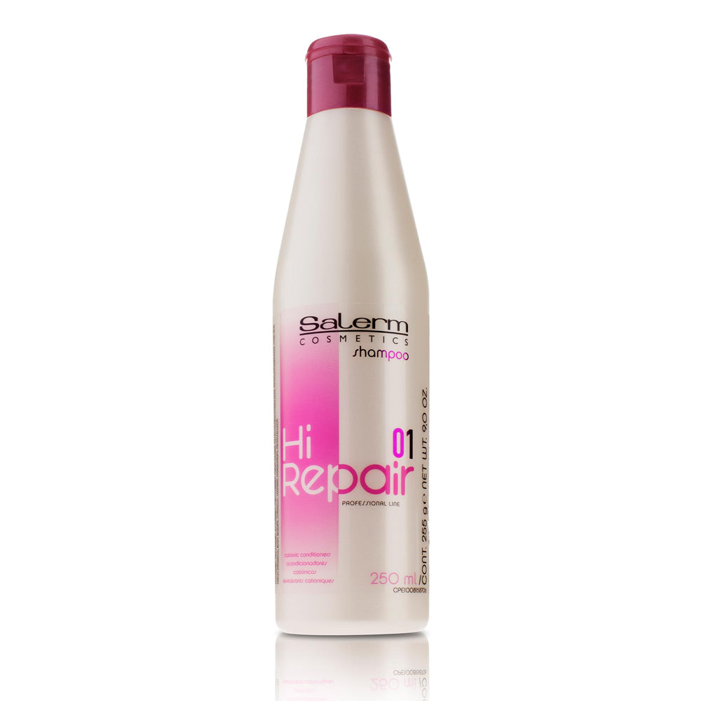 Salerm Hi Repair Shampoo bottle front view showing deep hydration for damaged hair.