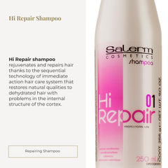 Salerm Hi Repair Shampoo creamy lather for gentle cleansing during wash.