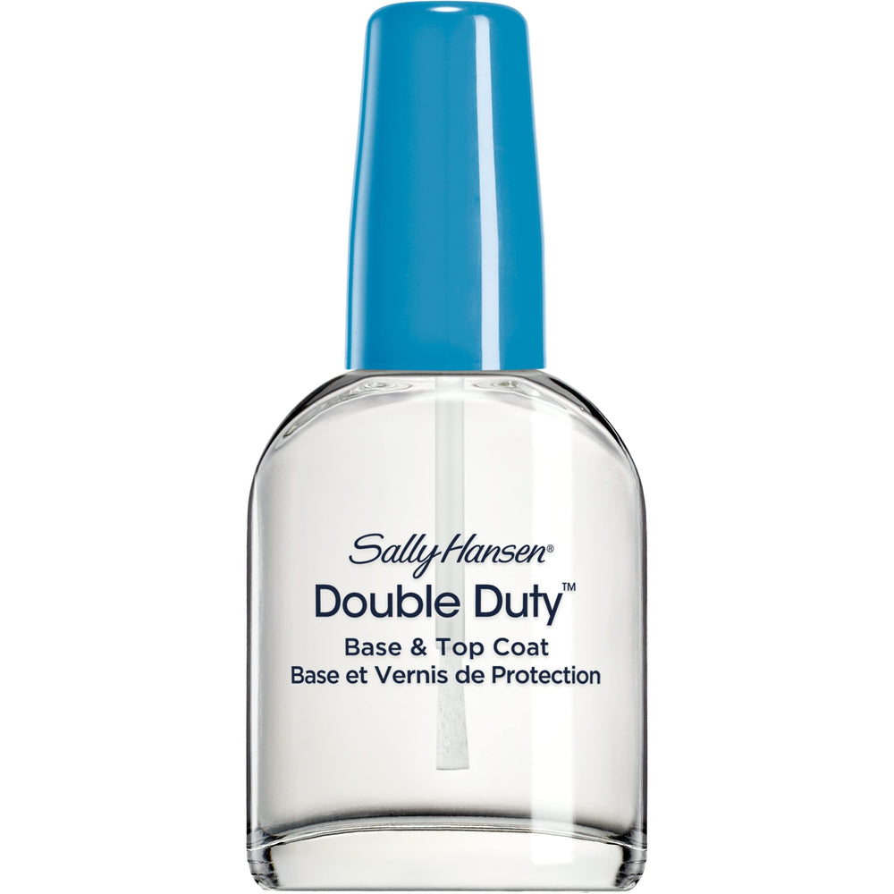 Sally Hansen Double Duty bottle closeup showing quick-dry base/top coat for lasting nails.