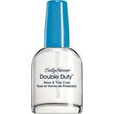 Sally Hansen Double Duty bottle closeup showing quick-dry base/top coat for lasting nails.