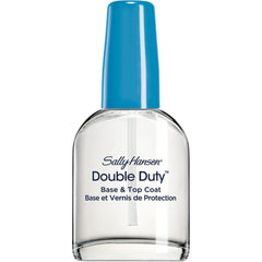 Sally Hansen Double Duty bottle closeup showing quick-dry base/top coat for lasting nails.