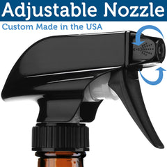 Sally's Organics bottle close-up shows black trigger sprayer with mist and stream for versatile use.